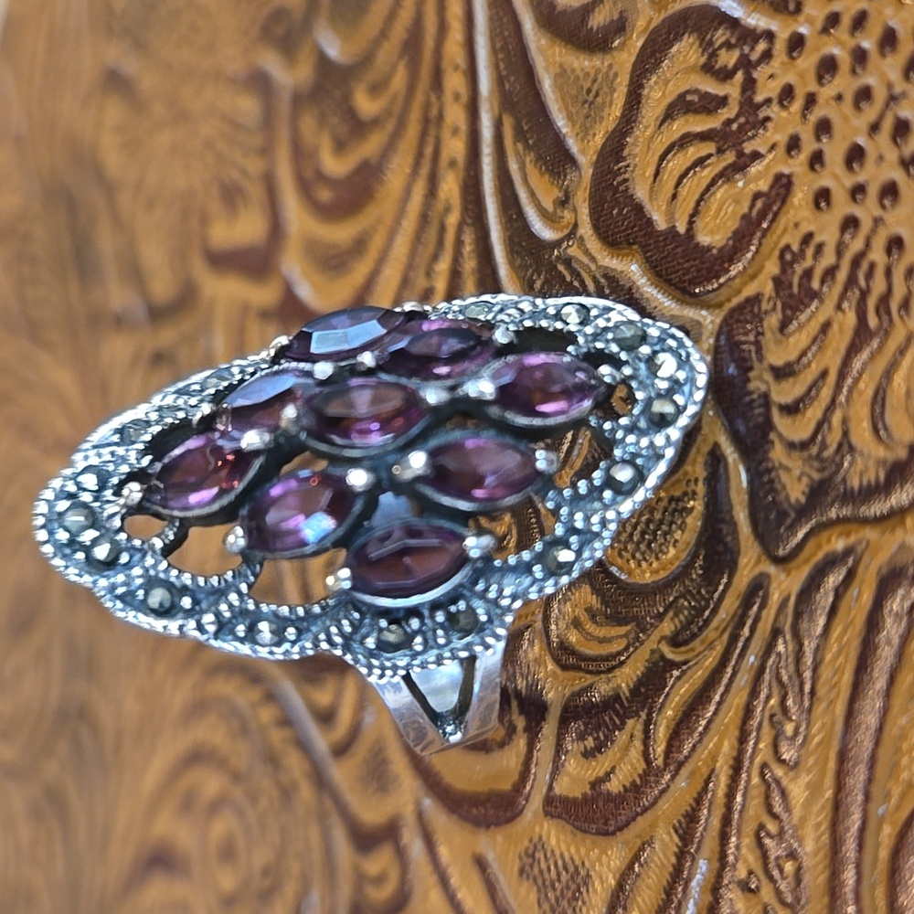Marquise Amethysts, Sterling, Marcasite vintage Victorian look shield style Ring